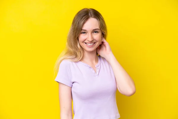 Blonde English Young Girl Isolated Yellow Background Laughing — Stockfoto