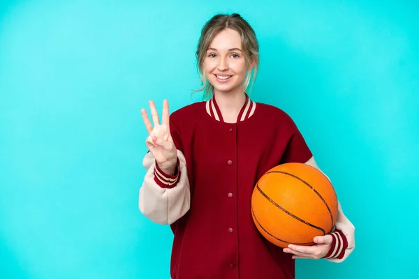 Young Basketball Player Caucasian Woman Isolated Blue Background Happy Counting — Fotografia de Stock
