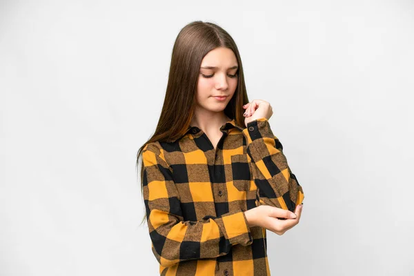 Teenager Girl Isolated White Background Pain Elbow — Stockfoto