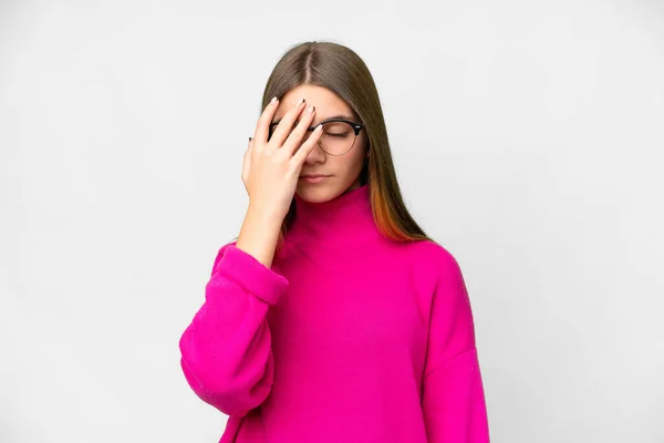 Teenager Mädchen Über Isolierten Weißen Hintergrund Mit Kopfschmerzen — Stockfoto