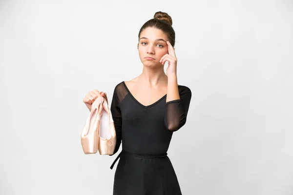 Teenager Girl Practicing Ballet Isolated White Background Thinking Idea — Stockfoto