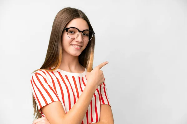 Teenager Girl Isolated White Background Glasses Pointing Side — Stockfoto