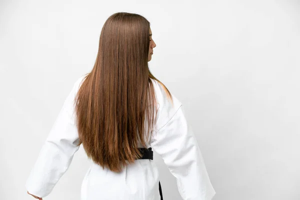 Teenager Girl Isolated White Background Doing Karate Back Position — 스톡 사진