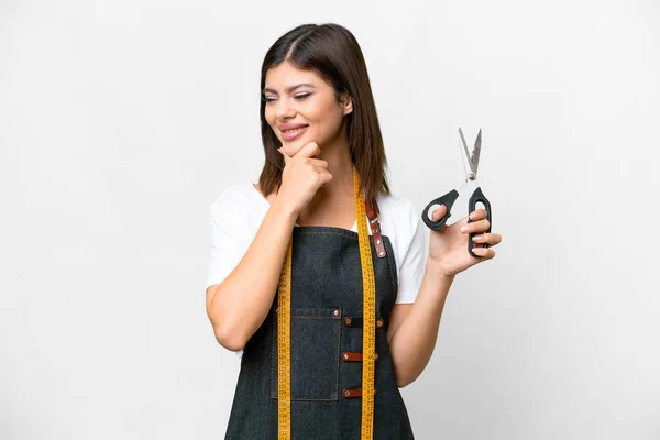 Seamstress Woman Isolated White Background Looking Side Smiling — Stockfoto