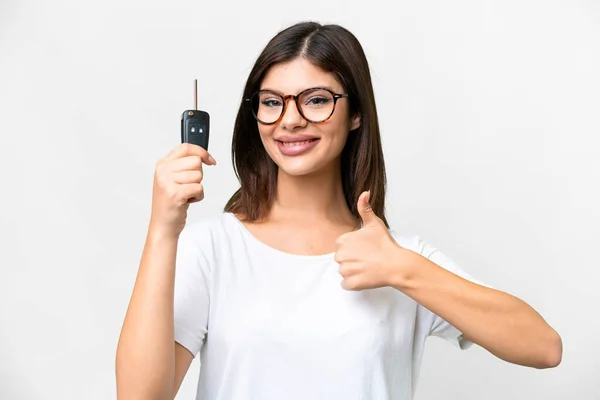 Young Russian Woman Holding Car Keys Isolated White Background Thumbs — Fotografia de Stock