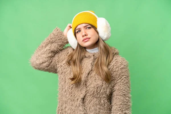 Rapariga Vestindo Regalos Inverno Sobre Fundo Chave Croma Isolado Com — Fotografia de Stock