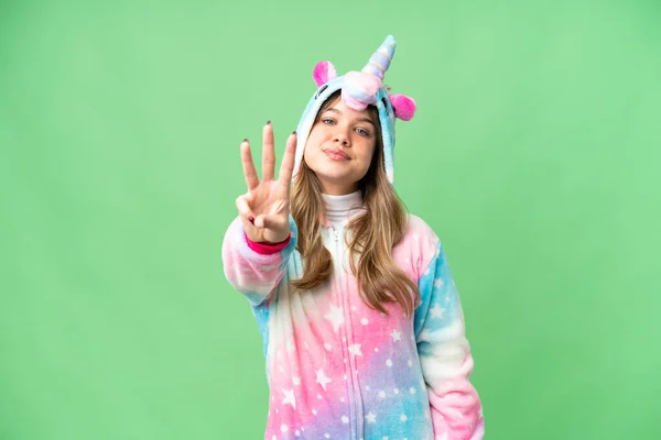 Young Girl Unicorn Pajamas Isolated Chroma Key Background Happy Counting — Stock Photo, Image