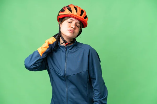 Jovem Ciclista Menina Sobre Isolado Croma Chave Fundo Com Decote — Fotografia de Stock