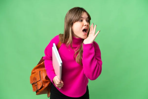 Young Student Girl Isolated Chroma Key Background Shouting Mouth Wide — Stock Photo, Image