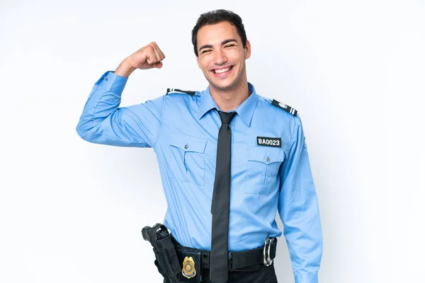 Young Police Caucasian Man Isolated White Background Doing Strong Gesture — Stock Photo, Image