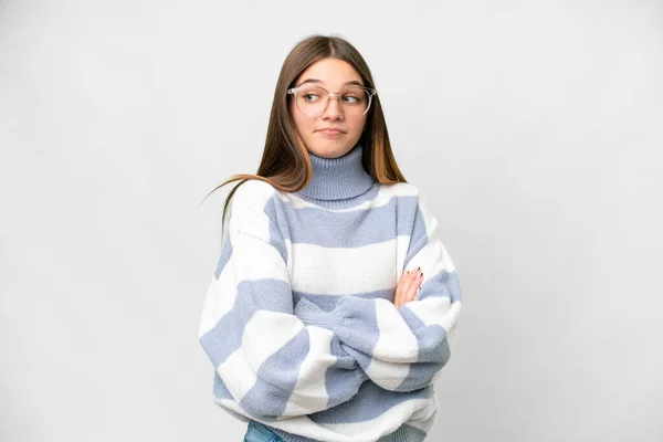 Teenager Mädchen Über Isoliertem Weißen Hintergrund Macht Zweifel Geste Beim — Stockfoto