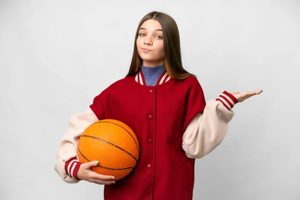 Teenager Girl Playing Basketball Isolated White Background Having Doubts While — Stock Photo, Image