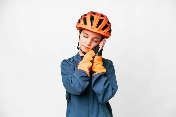 Teenager Cyclist Girl Isolated White Background Making Sleep Gesture Dorable — 스톡 사진