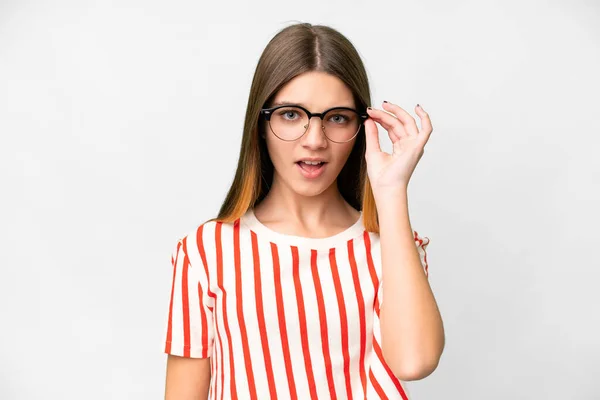 Teenager Girl Isolated White Background Glasses Frustrated Expression — Stockfoto