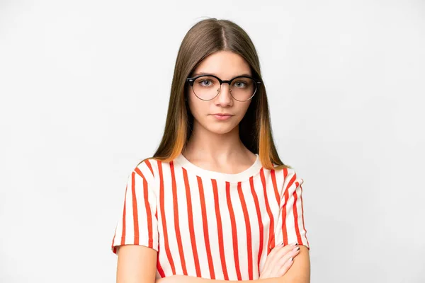 Teenager Girl Isolated White Background Glasses Arms Crossed — Stockfoto