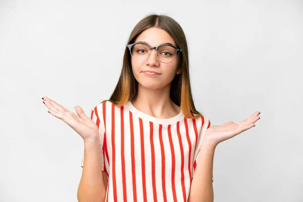 Teenager Girl Isolated White Background Glasses Having Doubts — Stockfoto