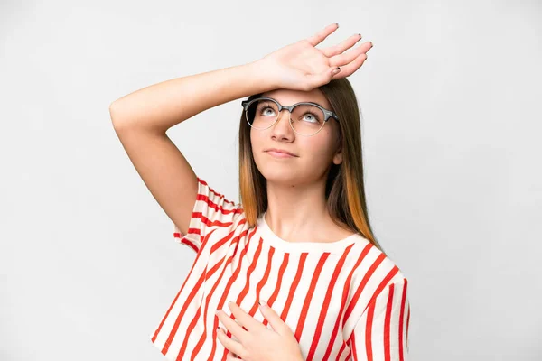 Teenager Girl Isolated White Background Glasses Tired — Stockfoto