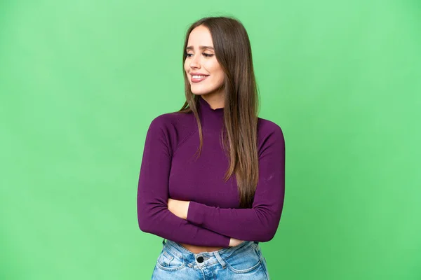 Young Beautiful Woman Isolated Chroma Key Background Looking Side — Stock Fotó