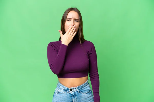 Young Beautiful Woman Isolated Chroma Key Background Yawning Covering Wide — Stockfoto