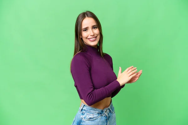 Young Beautiful Woman Isolated Chroma Key Background Applauding — Stockfoto
