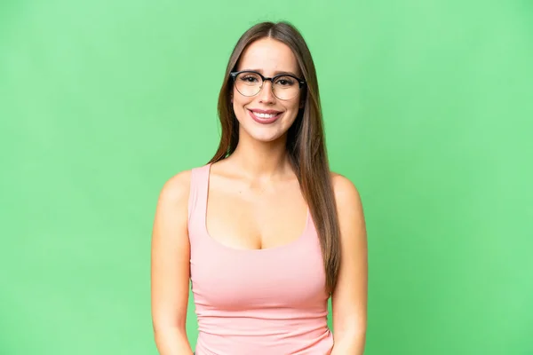 Young Beautiful Woman Isolated Chroma Key Background Glasses Happy Expression — Stock Fotó