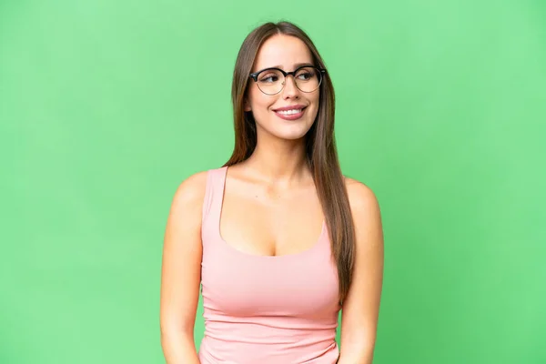 Young Beautiful Woman Isolated Chroma Key Background Glasses Happy Expression — Stock Fotó