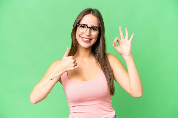 Young Beautiful Woman Isolated Chroma Key Background Glasses Doing Sign — Stock Fotó
