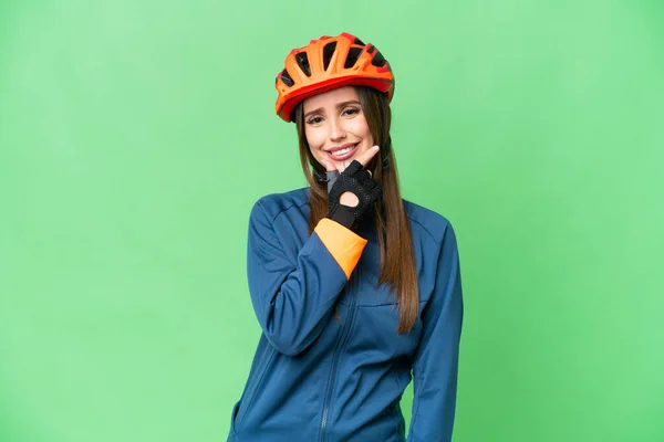 Young Cyclist Woman Isolated Chroma Key Background Smiling — Stockfoto