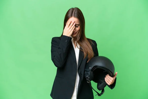 Young Asian Woman Motorcycle Helmet Isolated Chroma Key Background Tired — ストック写真
