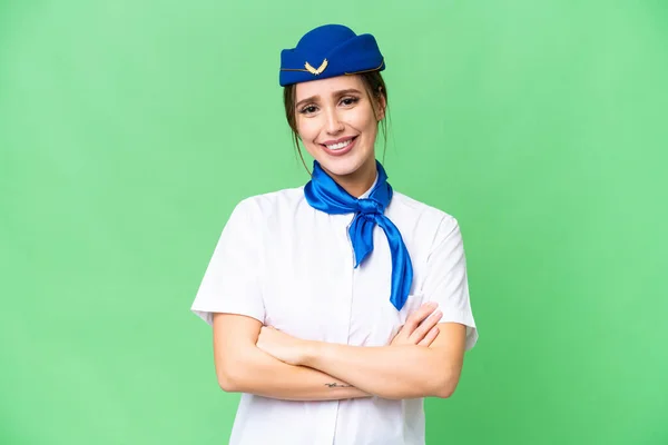 Airplane Stewardess Isolated Chroma Key Background Keeping Arms Crossed Frontal — Photo