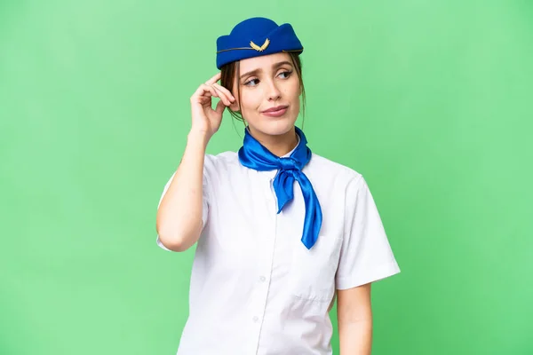Airplane Stewardess Isolated Chroma Key Background Having Doubts Confuse Face — Photo