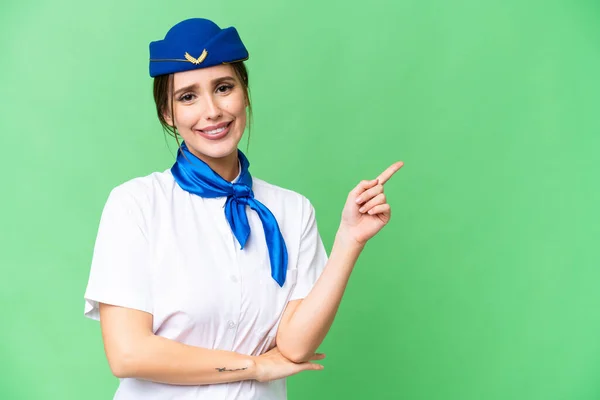 Airplane Stewardess Isolated Chroma Key Background Pointing Finger Side — Photo