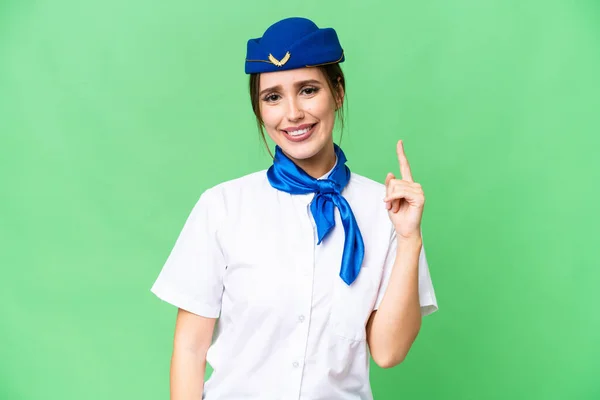 Airplane Stewardess Isolated Chroma Key Background Showing Lifting Finger Sign — Photo