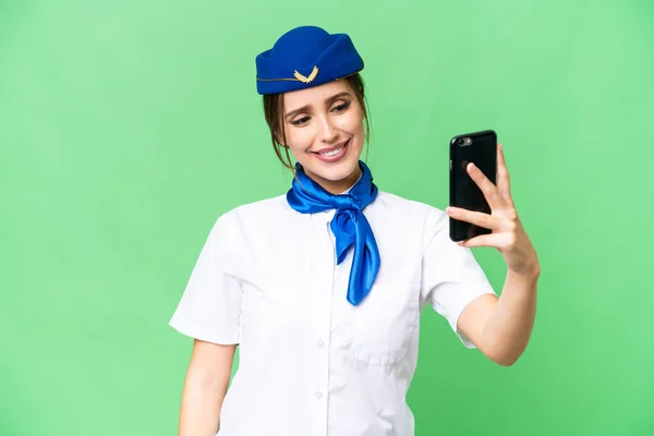 Airplane Stewardess Isolated Chroma Key Background Making Selfie — 스톡 사진