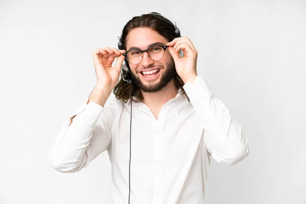 Telemarketer Man Working Headset Isolated White Background Glasses Surprised — Stockfoto