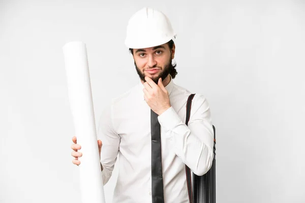 Young Architect Man Helmet Holding Blueprints Isolated White Background Thinking — Foto Stock