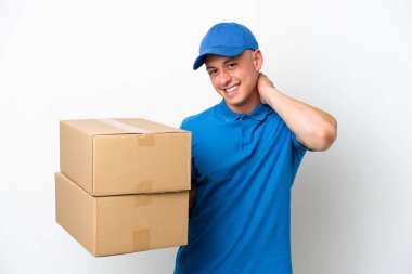 Young delivery Brazilian man isolated ops white background laughing