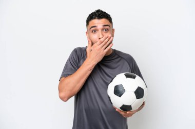 Arab young football player man isolated on white background happy and smiling covering mouth with hand
