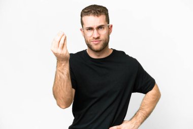 Young handsome blonde man over isolated white background making Italian gesture