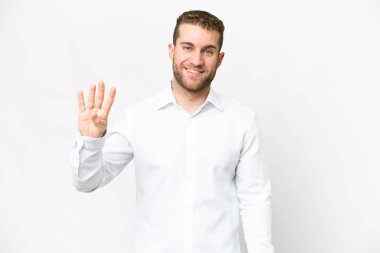 Young handsome blonde man over isolated white background happy and counting four with fingers