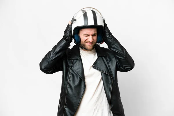 Young Handsome Blonde Man Motorcycle Helmet Isolated White Background Frustrated — Stok fotoğraf