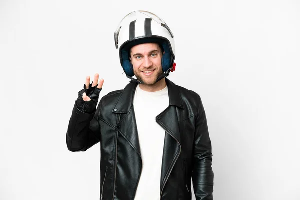 Young Handsome Blonde Man Motorcycle Helmet Isolated White Background Happy — Stok fotoğraf