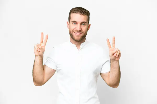 Young Handsome Blonde Man Isolated White Background Showing Victory Sign — Fotografia de Stock