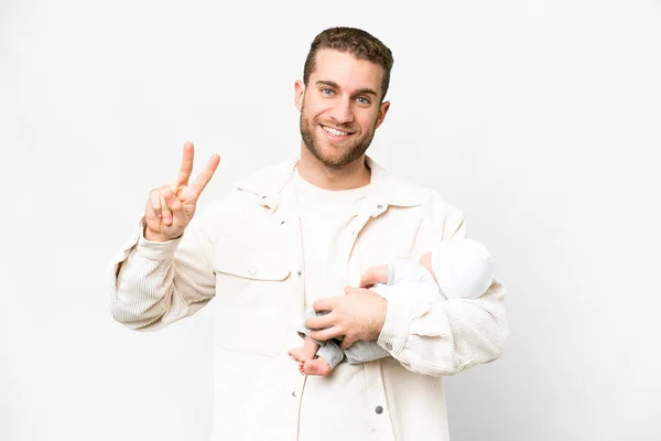 Young Handsome Blonde Man His Newborn Baby Isolated White Background — Fotografia de Stock