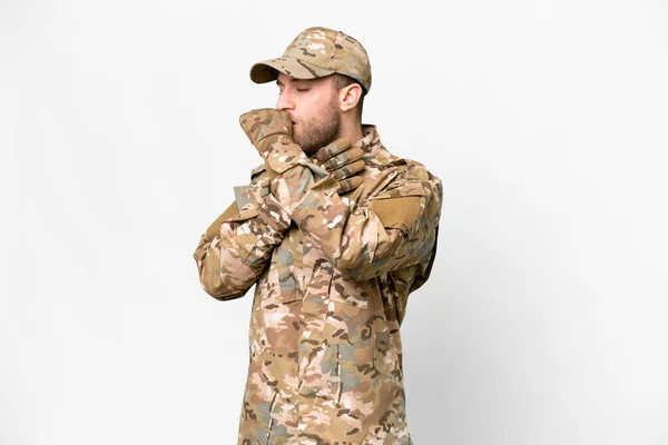 Military man over isolated white background is suffering with cough and feeling bad