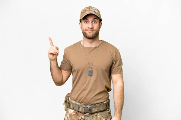 Military Dog Tag Isolated White Background Pointing Index Finger Great — Fotografia de Stock