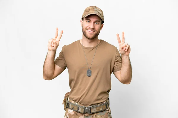 Military Dog Tag Isolated White Background Showing Victory Sign Both — Fotografia de Stock
