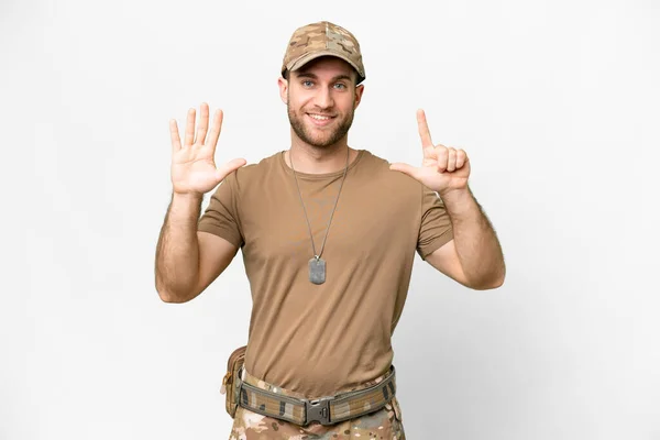 Military Dog Tag Isolated White Background Counting Seven Fingers — Fotografia de Stock