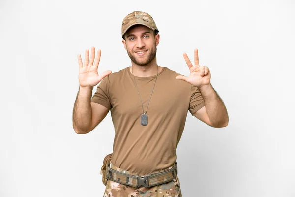 Military Dog Tag Isolated White Background Counting Eight Fingers — Fotografia de Stock