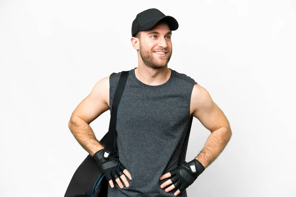 Young Sport Man Sport Bag Isolated White Background Posing Arms — Foto de Stock